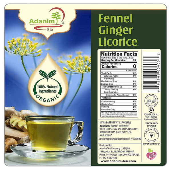 Organic Fennel Ginger Tea Caffeine Free Herbal Tea (Pack of 4, Total of 80 Individually Wrapped Tea Bags) Kosher, Ginger Fennel Tea