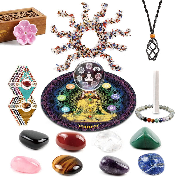 Chakra Stones Set -Reiki Healing Crystals for Healing,Woven Adjustable Cords for Emotion，Chakra Bracelet，Crystal Ball，Meditation, Chakra Balance or Ritual ，Beginners，Reiki(15 Pcs Set)