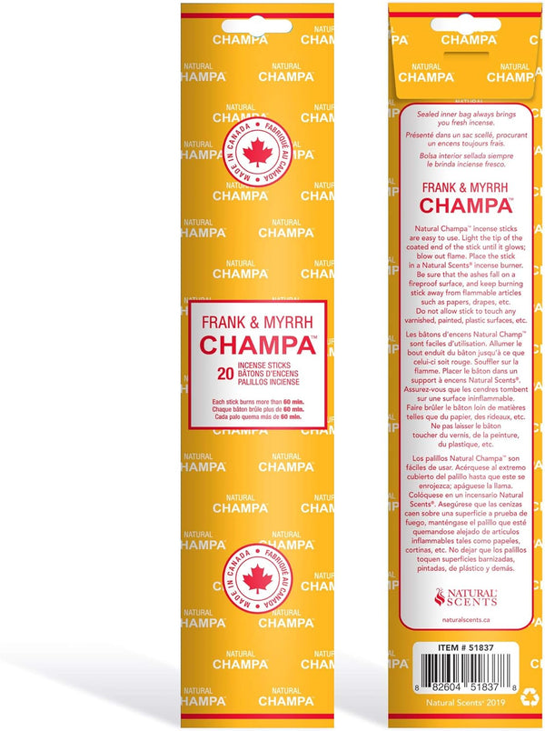 Frank & Myrrh Champa 11" Incense Sticks Pack of 20 Each Long Lasting Aroma Stick Lasts 60+ Minutes Pure Ingredients Make These Agarbathi Perfect for Environmental Scenting and Aromatherapy