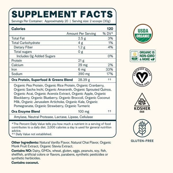 Vegan Protein Powder - 21G Plant Based Protein Powder for Women and Men, Keto Friendly, Gluten Free, Paleo, Dairy-Free, Gluten-Free, Soy-Free - Vanilla Chai Flavor, 20 Servings