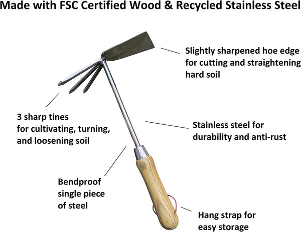 Garden Guru Eco Hand Cultivator Hoe Tiller Tool - 100% Recycled Stainless Steel - Rust Resistant - FSC Certified Wood Ergonomic Handle -Great for Gardening Cultivating Loosening Weeding