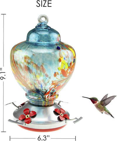 Hummingbird Feeder with Perch | Hand Blown Urn Glass in Blue | 29 Fluid Ounces Humming Bird Nectar Capacity with Hanging Metal Wires and Ant Moat Hook