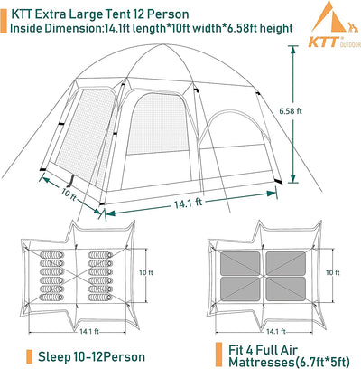 Extra Large Tent 12 Person(Style-B),Family Cabin Tents,2 Rooms,Straight Wall,3 Doors and 3 Windows with Mesh,Waterproof,Double Layer,Big Tent for Outdoor,Picnic,Camping,Family Gathering